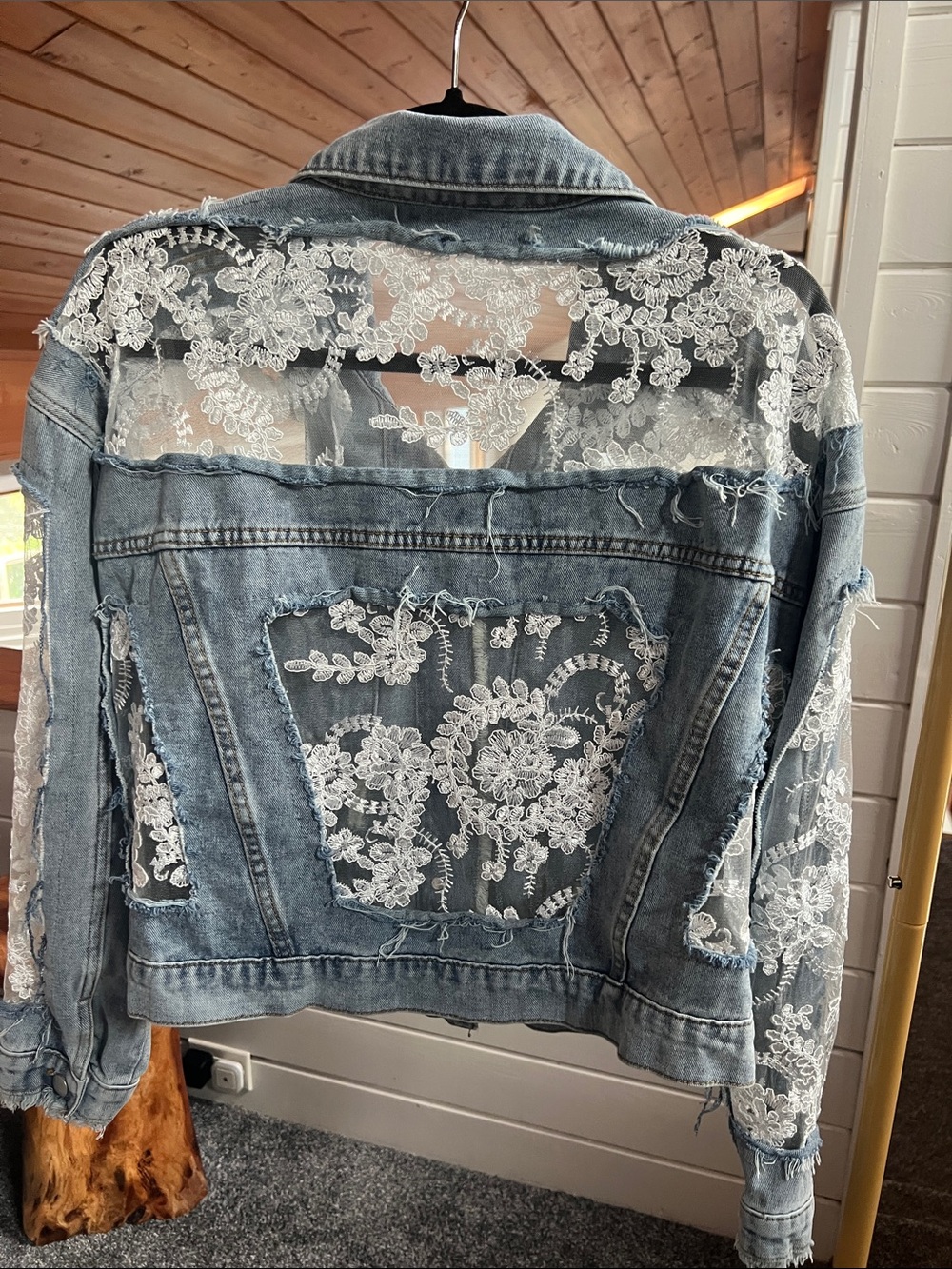 Blue B Embellished Lace-Panel Distressed Denim Jacket - Light Blue - Picture 3 of 4